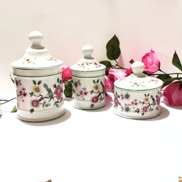 James Kent Old Foley Chinese Rose Set of 3 Covered Floral Jars - Picture 6 of 7